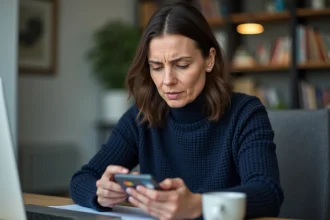 Femme bloquant sa carte bancaire depuis son smartphone en cas de fraude