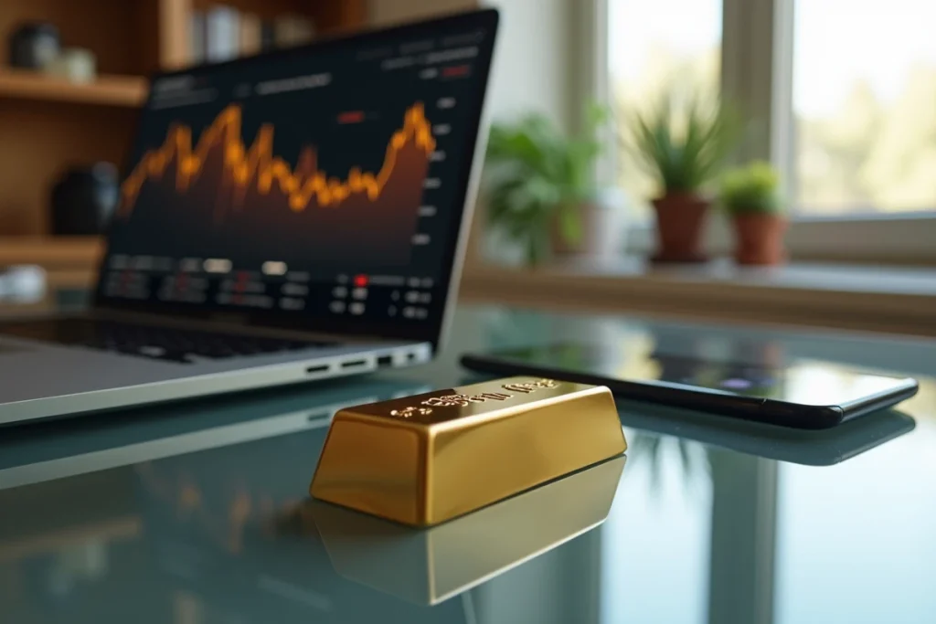 Lingot d'or 250g sur un bureau moderne avec ordinateur affichant le cours de l'or en temps réel