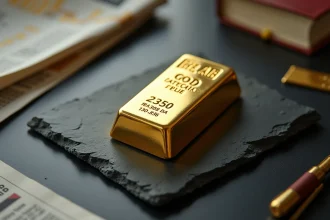 Lingot d'or 250g posé sur une surface en ardoise avec des graphiques de prix et journaux financiers en arrière-plan