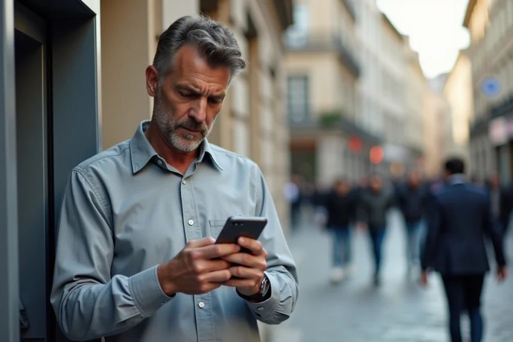Homme vérifiant ses transactions suspectes sur son téléphone devant un distributeur automatique
