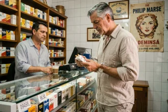 Touriste examinant un paquet de cigarettes Philip Morris dans un bureau de tabac espagnol avec des étiquettes de prix visibles
