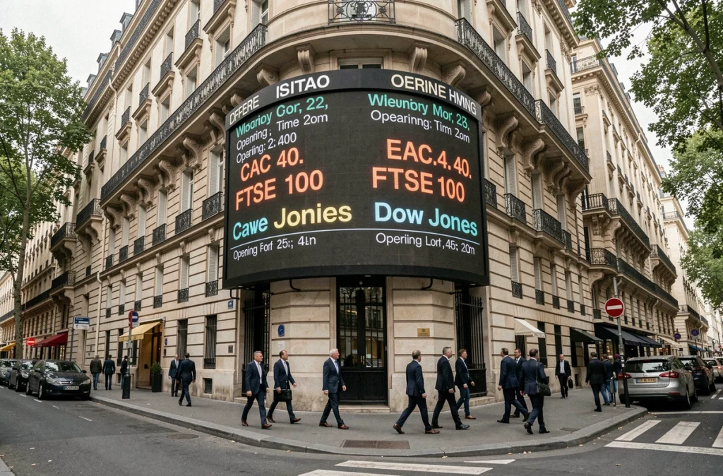 Tableau d'affichage boursier en temps réel sur la facade d'un bâtiment parisien montrant les indices CAC 40, FTSE et Dow Jones