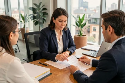 Agent immobilier expliquant les clauses d'un compromis de vente à un couple dans une agence moderne