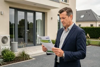 Agent immobilier tenant un certificat de performance énergétique devant une maison moderne bien isolée