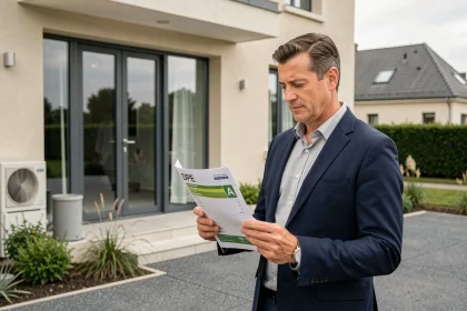 Agent immobilier tenant un certificat de performance énergétique devant une maison moderne bien isolée
