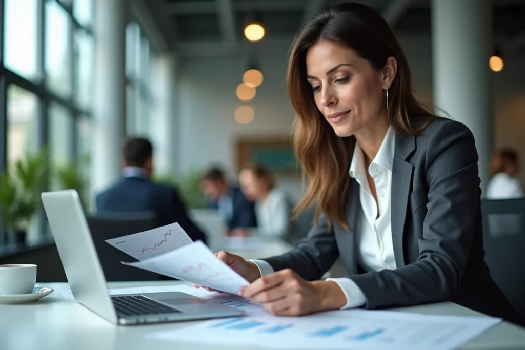 Femme d'affaires analysant des graphiques de prix du laiton au kilogramme dans un bureau moderne