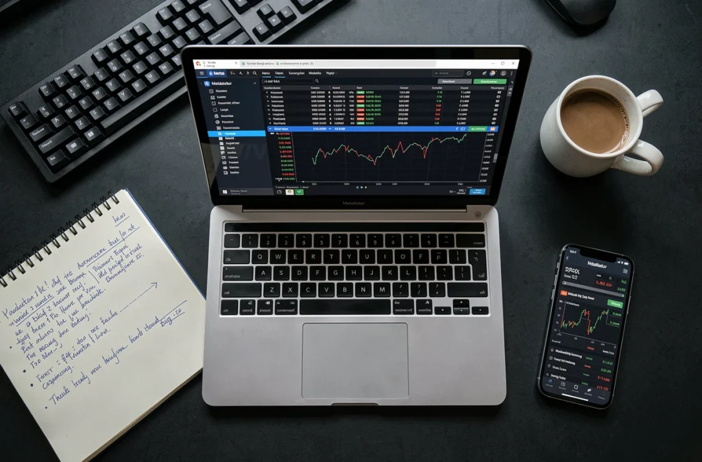 Bureau de trader organisé avec ordinateur portable affichant les paramètres de l'expert advisor Aegis Breakout EA et notes manuscrites