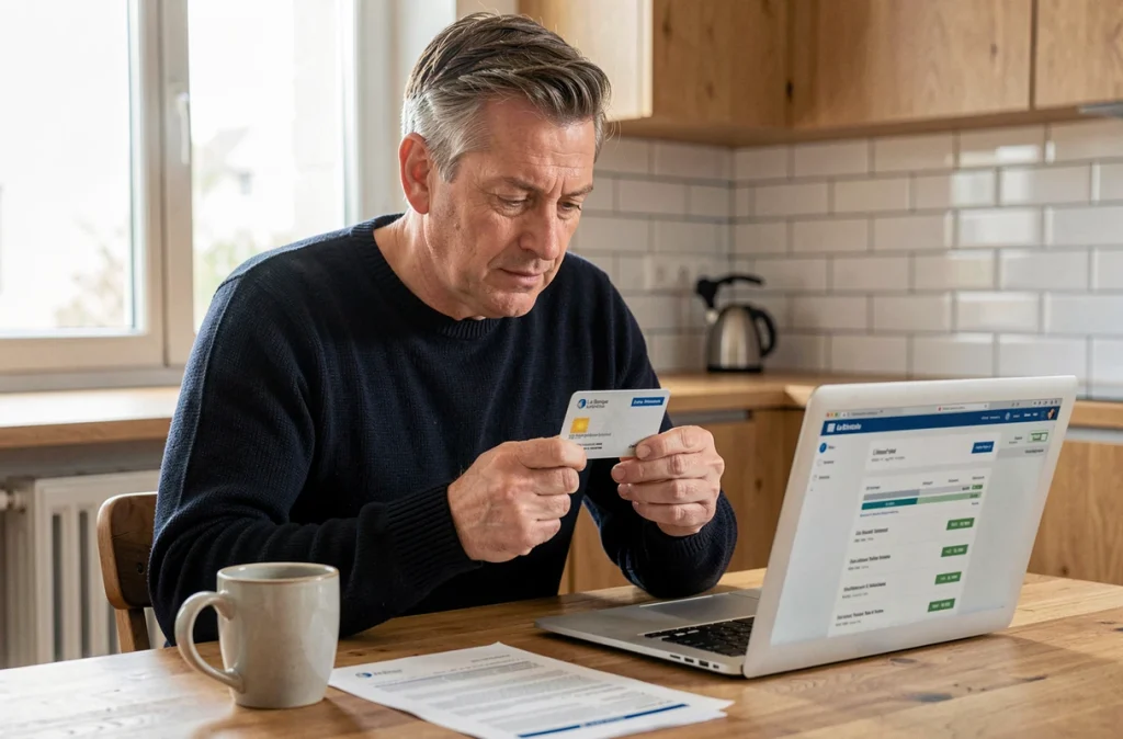 Homme consultant sa carte bancaire La Banque Postale à la maison avec relevé de compte et ordinateur