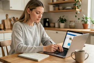 Jeune femme comparant des cagnottes en ligne sans frais sur un ordinateur portable dans une cuisine moderne
