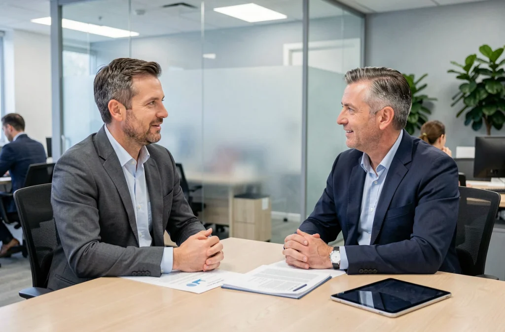 Client discutant avec un conseiller en agence d'assurance pour renégocier ses garanties Direct Assurance