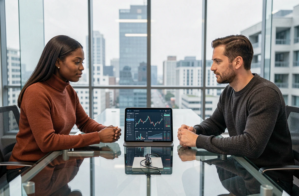 Deux collègues analysant des données de transactions en stablecoins sur tablette en salle de réunion