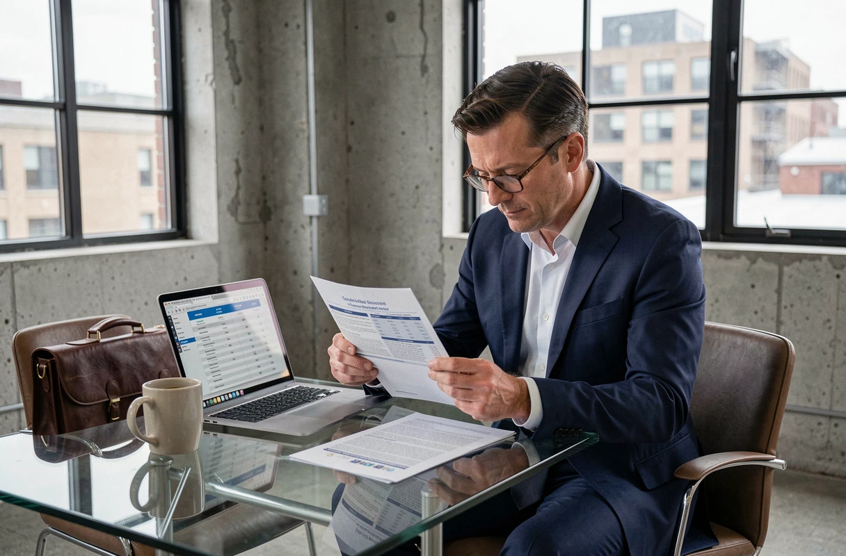 Homme d'affaires comparant des offres d'assurance emprunteur alternatives dans un espace de travail moderne