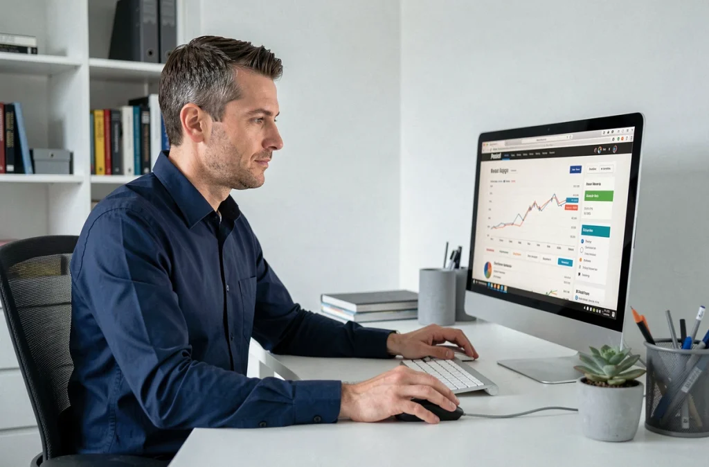 Homme en chemise bleue comparant des plateformes de cagnotte sans frais sur un écran d'ordinateur de bureau