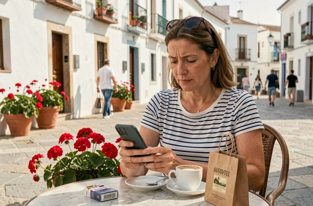 Femme consultant les prix du tabac Philip Morris sur son téléphone dans un café en plein air en Espagne