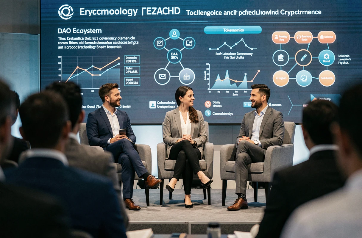 Panel de conférenciers experts en cryptomonnaies débattant de la gouvernance des DAO lors d'un événement technologique