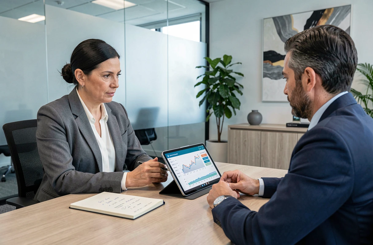 Femme discutant de la fiscalité des crypto-monnaies avec un conseiller financier dans une salle de réunion professionnelle