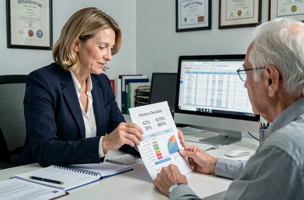 Conseillère financière expliquant les prélèvements CSG retraite 2026 à une cliente âgée dans un bureau professionnel