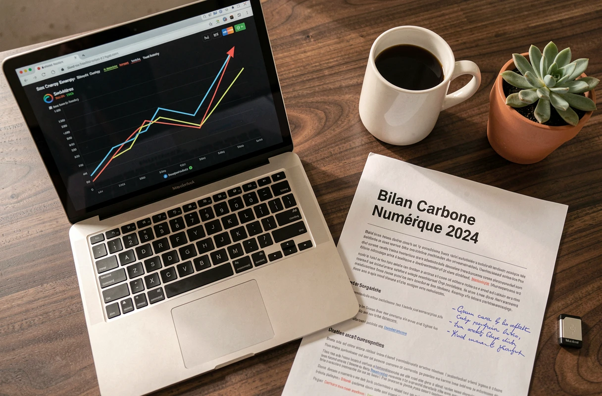 Bureau avec ordinateur portable affichant des données sur la consommation énergétique des cryptomonnaies et un rapport sur l'empreinte carbone numérique