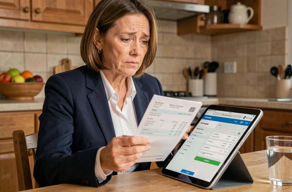 Femme enseignante comparant son bulletin de salaire imprimé avec la version numérique sur une tablette à domicile
