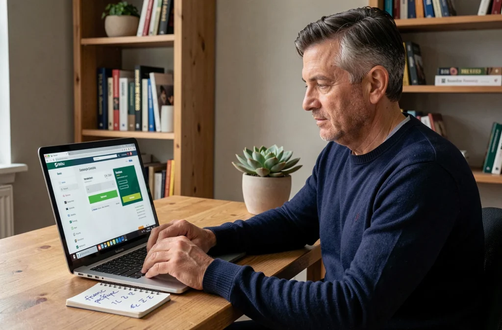 Homme utilisant un convertisseur de devises en ligne pour calculer des francs pacifiques en euros depuis son bureau à domicile