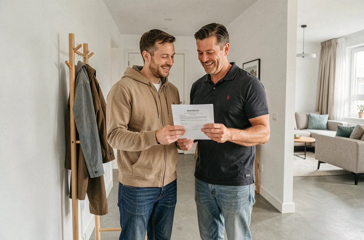 Couple de propriétaires consultant l'acte notarié de leur résidence principale dans leur appartement
