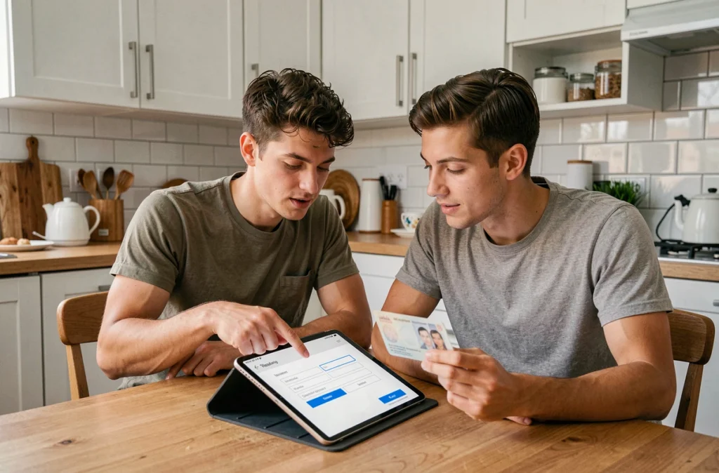 Couple ouvrant ensemble un compte CIC en ligne avec une tablette et des documents d'identité à la maison