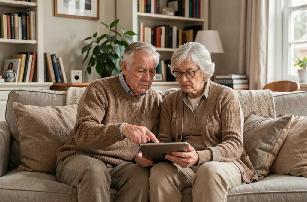 Couple de retraités consultant ensemble un simulateur de taux CSG retraite 2026 sur une tablette numérique