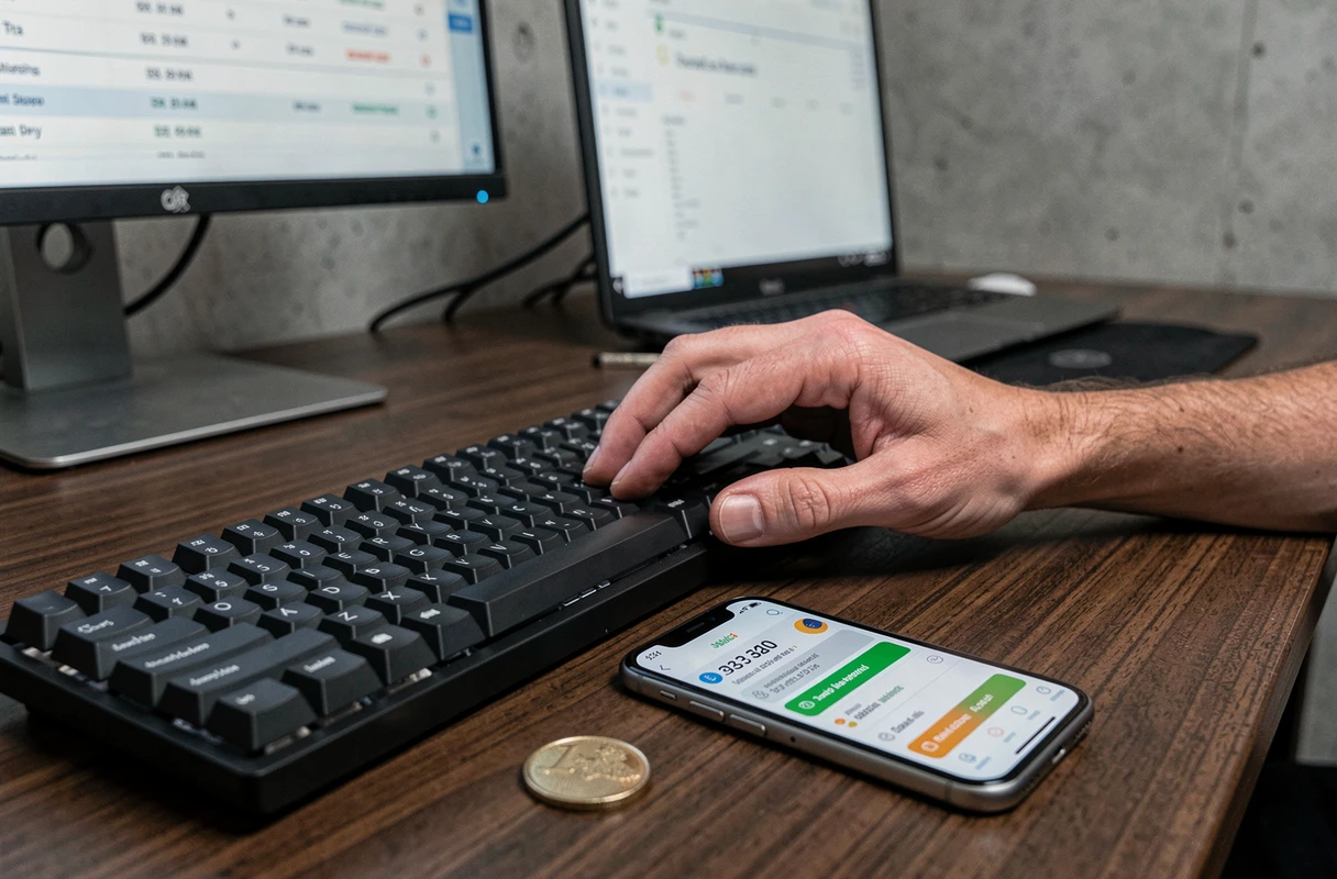 Mains tapant sur un clavier à côté d'un smartphone affichant une application d'échange de cryptomonnaies avec conversion en euros pour déclaration fiscale