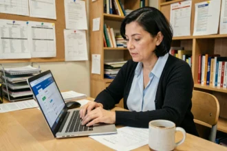 Enseignante consultant son bulletin de salaire en ligne sur un ordinateur portable dans une salle des professeurs