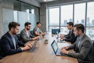 Équipe de professionnels discutant de la gouvernance décentralisée d'une DAO autour d'une table de réunion avec des interfaces blockchain sur leurs écrans