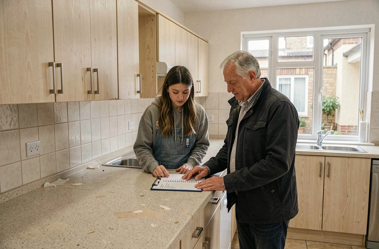 Locataire et agent immobilier réalisant ensemble l'état des lieux d'entrée dans une cuisine équipée