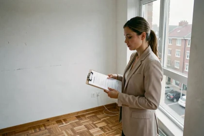 Femme effectuant un état des lieux dans un appartement vide, examinant les murs avec une liste de contrôle