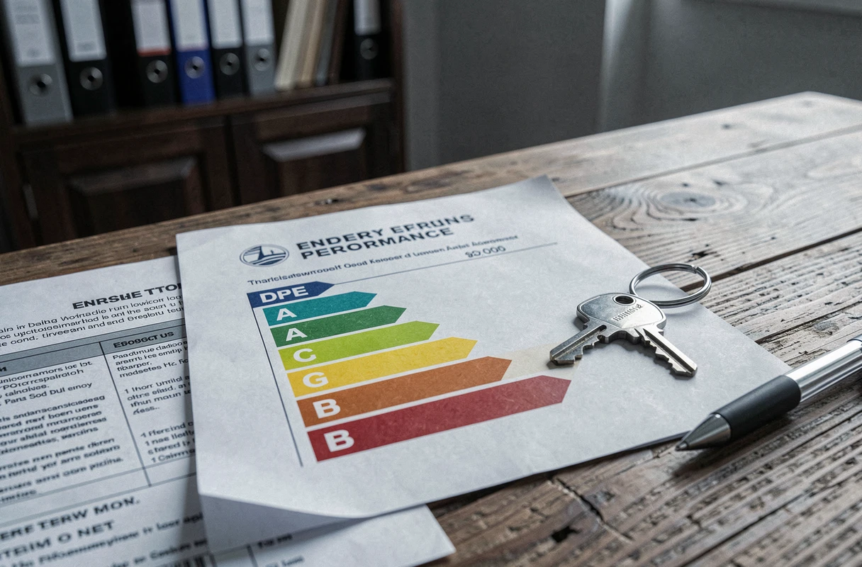 Étiquette DPE posée sur un bureau avec des clés de maison et un contrat immobilier