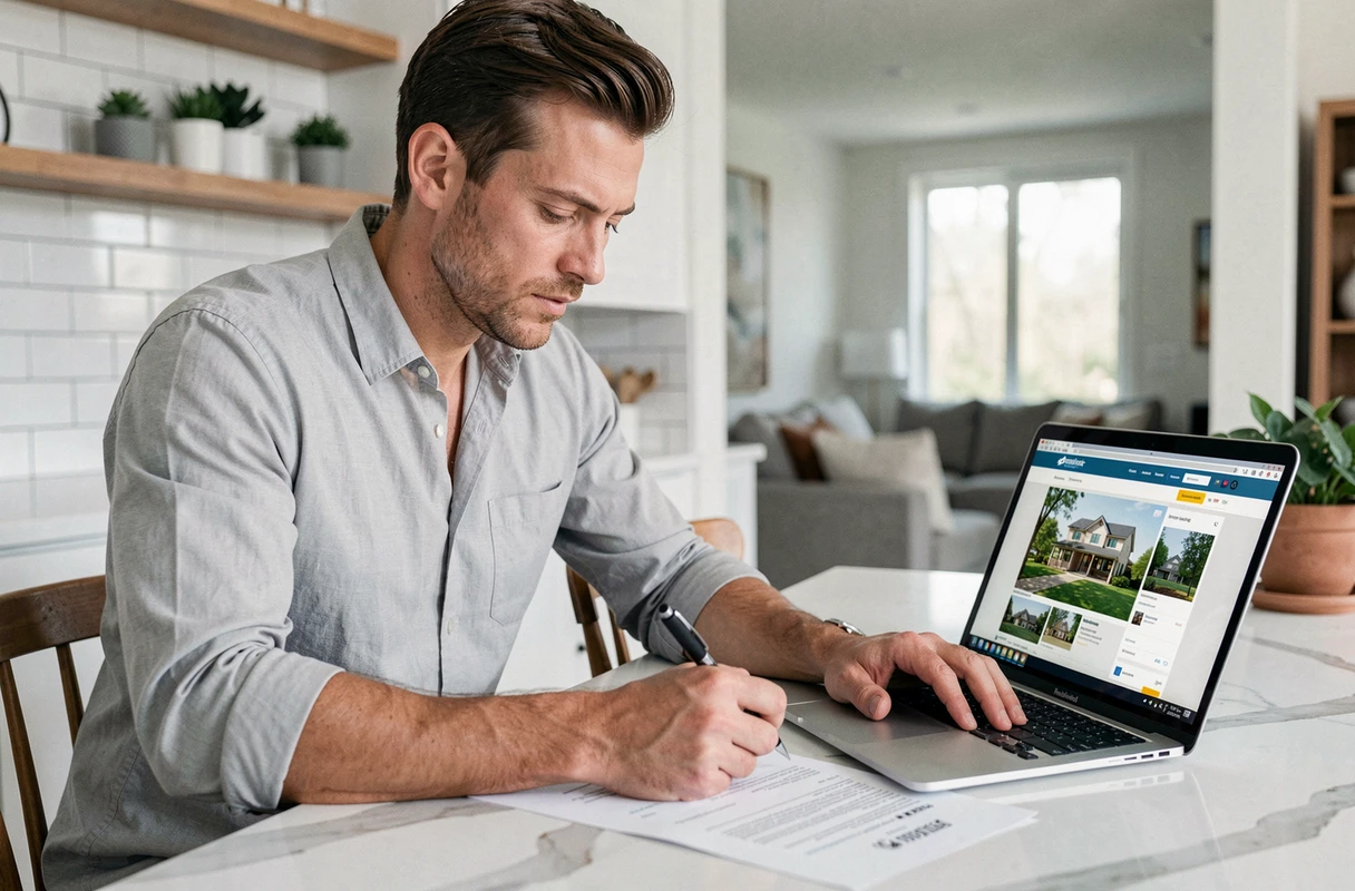 Homme étudiant attentivement un compromis de vente immobilier à son domicile avec un ordinateur portable