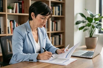 Femme en blazer bleu analysant un contrat d'assurance auto ACM IARD SA à son bureau à domicile