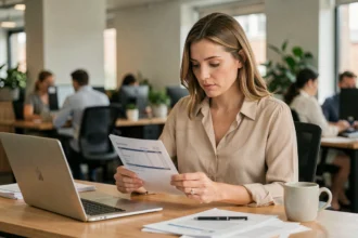 Femme de 35 ans analysant sa fiche de paie à son bureau dans un open space moderne, illustrant le calcul du salaire brut net à 2800 euros
