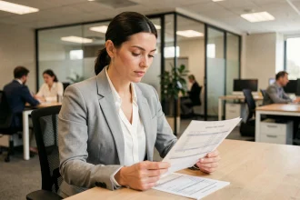 Femme cadre analysant une fiche de paie avec un salaire brut de 2480 euros dans un bureau moderne
