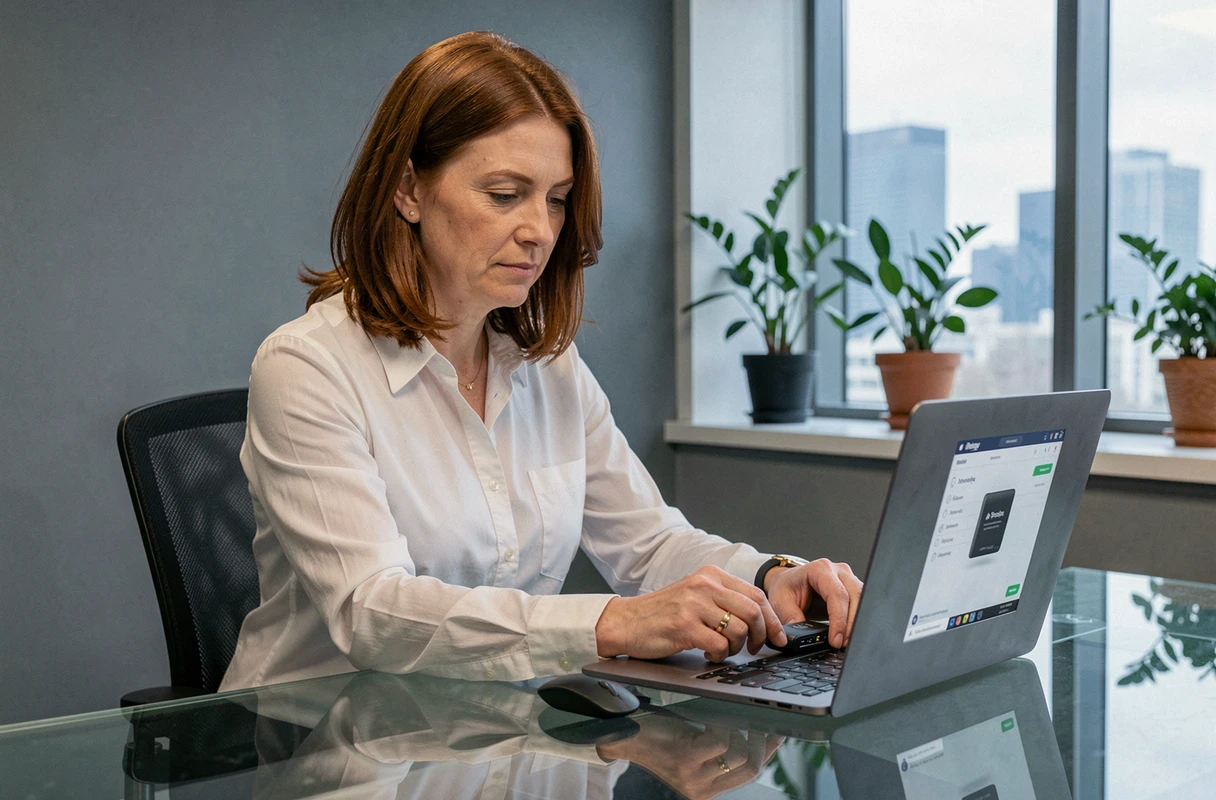 Femme connectant un portefeuille matériel de cryptomonnaie à un ordinateur portable dans un bureau moderne avec vue sur la ville