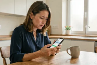 Femme consultant son compte PayPal sur smartphone dans une cuisine moderne, illustrant la gestion des paiements en ligne au quotidien