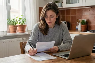 Femme consultant son contrat d'assurance Direct Assurance à la maison pour décider de résilier ou renégocier ses garanties