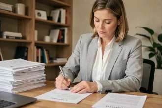 Femme consultant un dossier de financement immobilier à son bureau à domicile