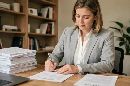 Femme consultant un dossier de financement immobilier à son bureau à domicile