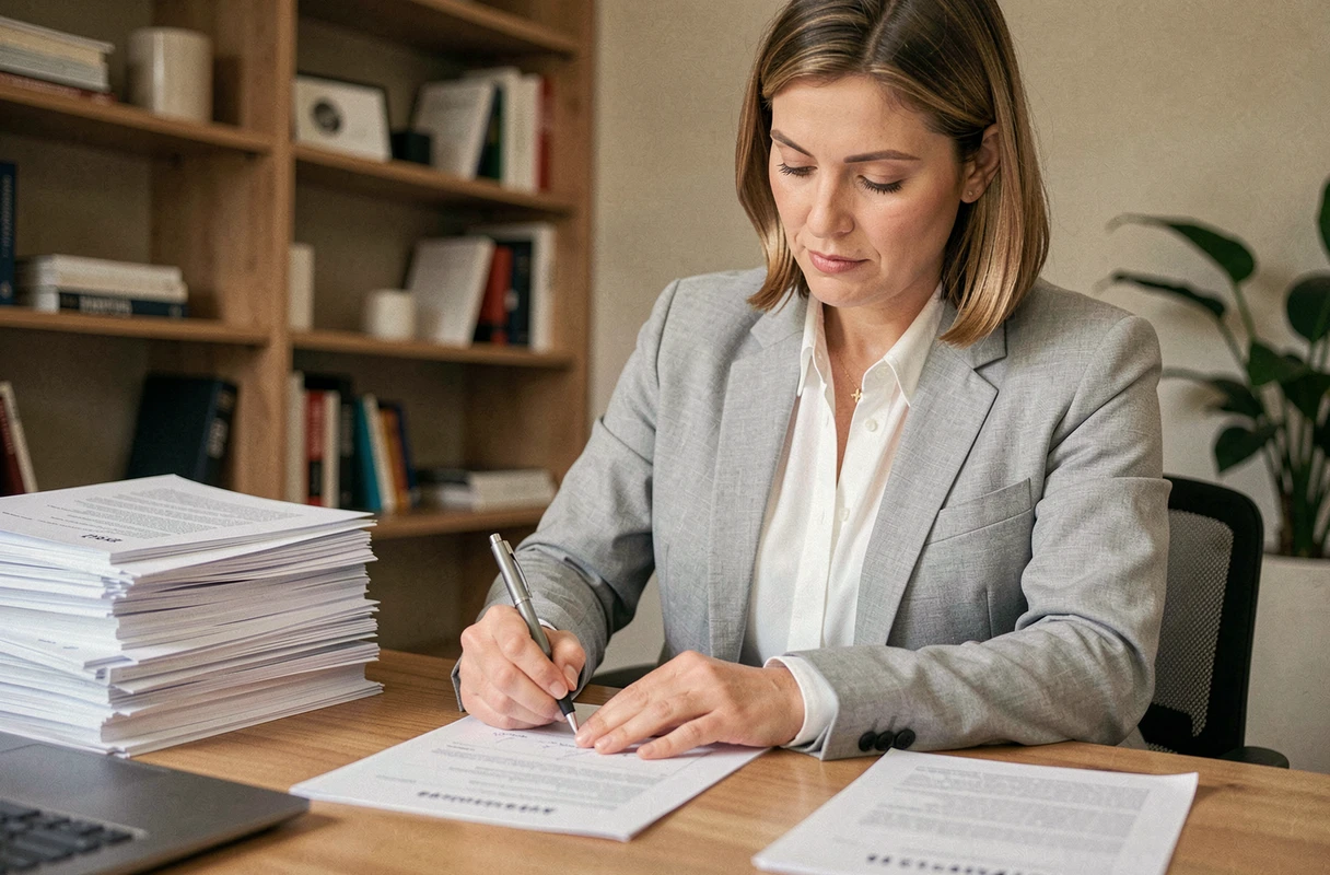 Femme consultant un dossier de financement immobilier à son bureau à domicile