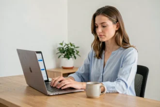 Femme ouvrant un compte bancaire CIC en ligne depuis son bureau à domicile sur un ordinateur portable