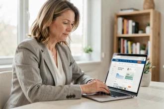 Femme utilisant les services en ligne de sa banque LCL sur un ordinateur portable dans un bureau à domicile moderne en 2026
