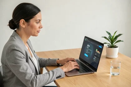 Femme utilisant un portefeuille de stablecoin sur ordinateur portable dans un bureau à domicile moderne