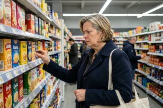 Une femme consultant les étiquettes de prix dans un supermarché face à la hausse de l'inflation en 2026