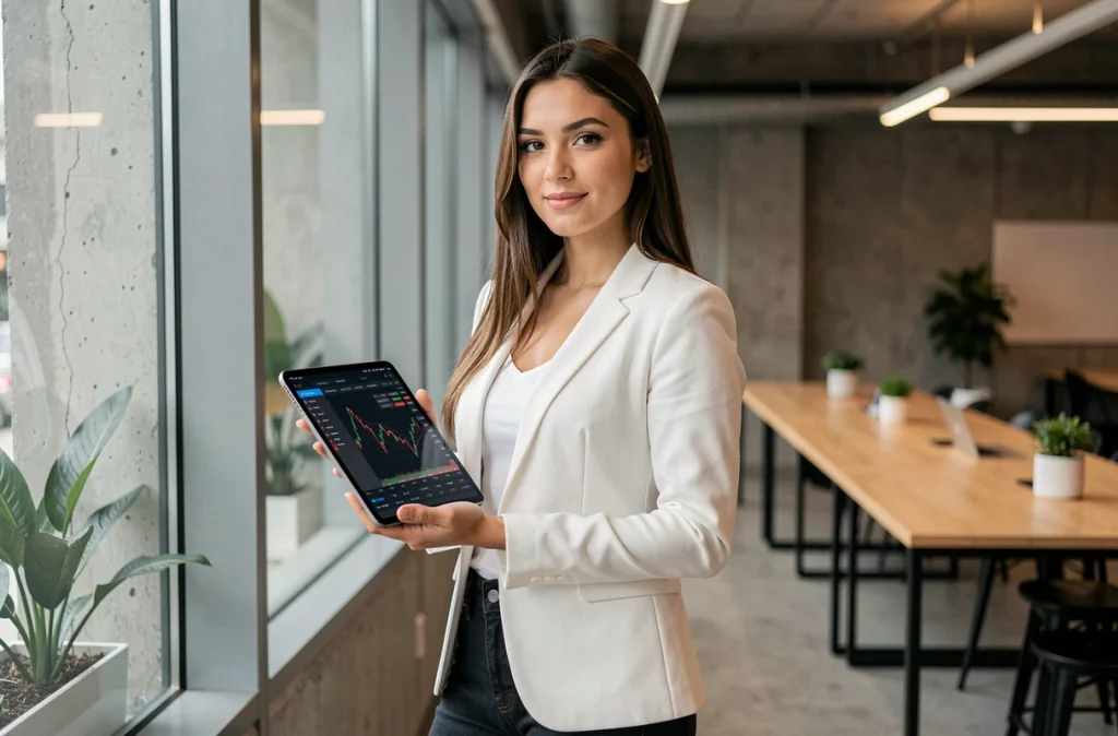 Jeune femme trader utilisant une tablette pour configurer une stratégie de cassure automatisée en trading forex