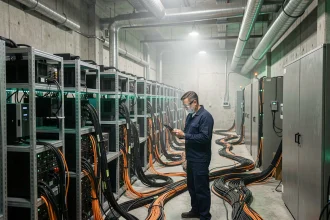 Ferme de minage de cryptomonnaies avec des rangées de machines ASIC et un technicien inspectant les équipements