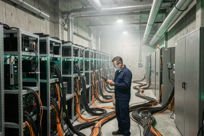 Ferme de minage de cryptomonnaies avec des rangées de machines ASIC et un technicien inspectant les équipements